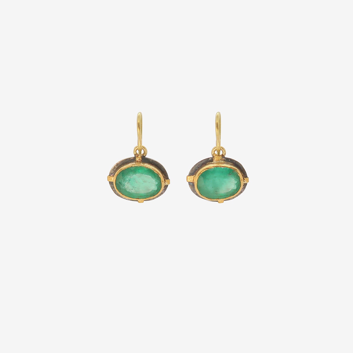 JUDY GEIB 18K & SILVER BEZEL SET OVAL COLOMBIAN EMERALD EARRINGS, 5.05CTS,  WITH 24K DETAILS