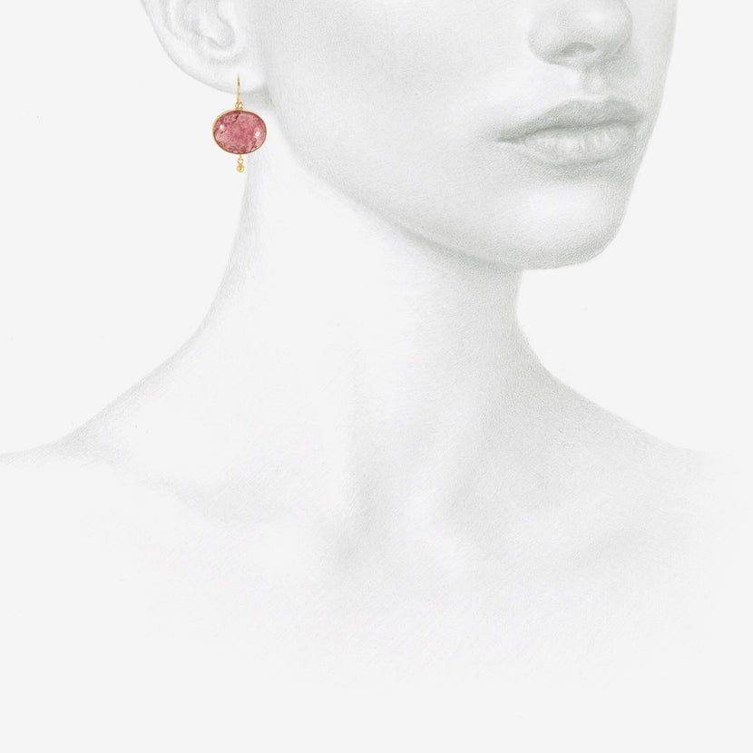 JUDY GEIB 18K & LARGE PINK TOURMALINE CABOCHON SIMPLE DROP EARRINGS WITH 22K DETAILS, 43.41CT
