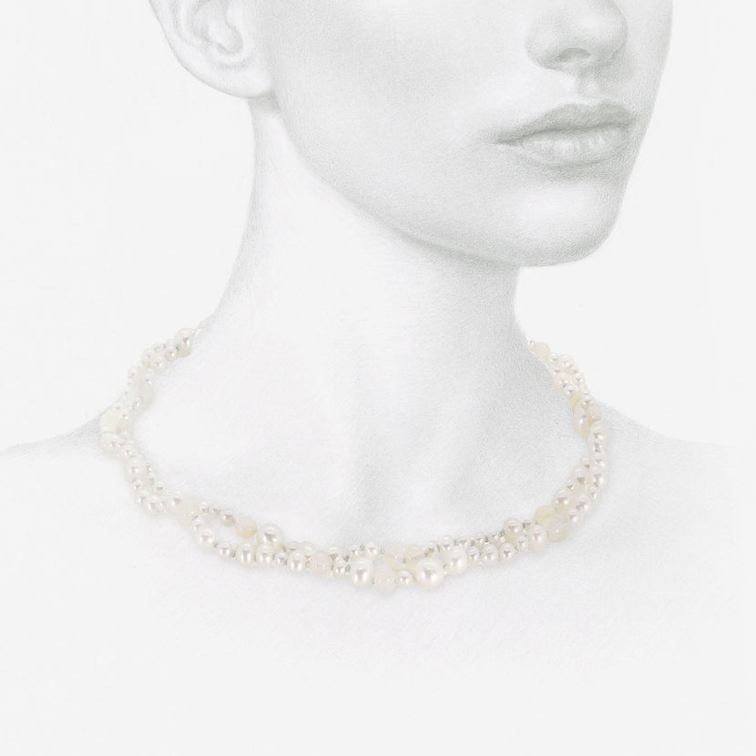 TED MUEHLING 18K PEARL & OPAL NECKLACE ON BLUE SILK THREAD
