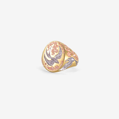 CASTRO SMITH 18K SWALLOW & HUMMINGBIRD RING WITH PINK & TUNGSTEN CERAMIC PLATING