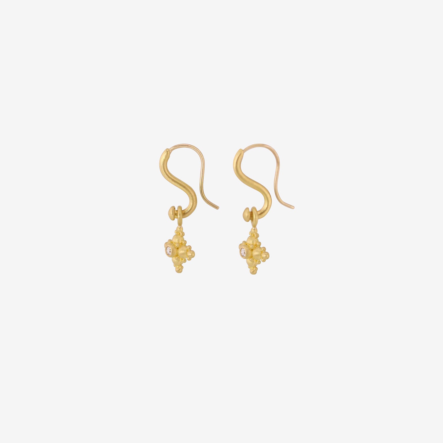 DENISE BETESH 22K & DIAMOND LARGE GRANULATED STAR EARRINGS ON S-HOOPS, .10CT