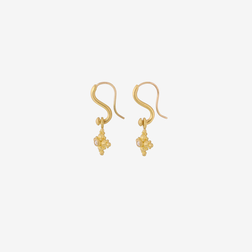 DENISE BETESH 22K & DIAMOND LARGE GRANULATED STAR EARRINGS ON S-HOOPS, .10CT