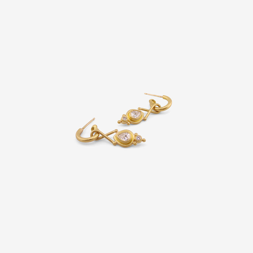DENISE BETESH 22K & PEAR-SHAPED DIAMOND TWIST TOP EARRINGS ON POSTED HOOPS, .50CT