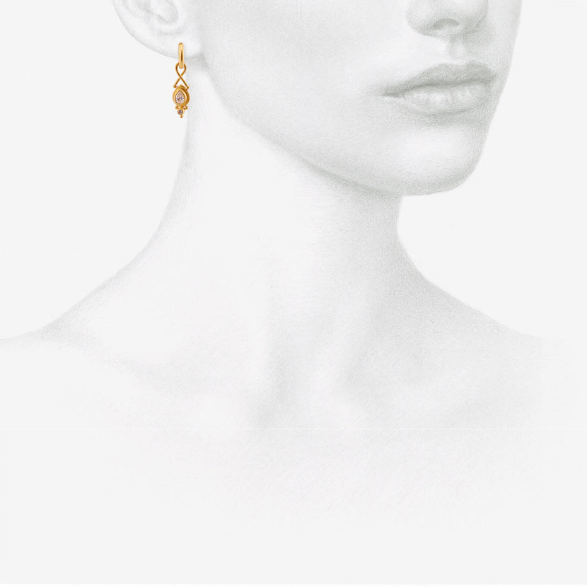 DENISE BETESH 22K & PEAR-SHAPED DIAMOND TWIST TOP EARRINGS ON POSTED HOOPS, .50CT