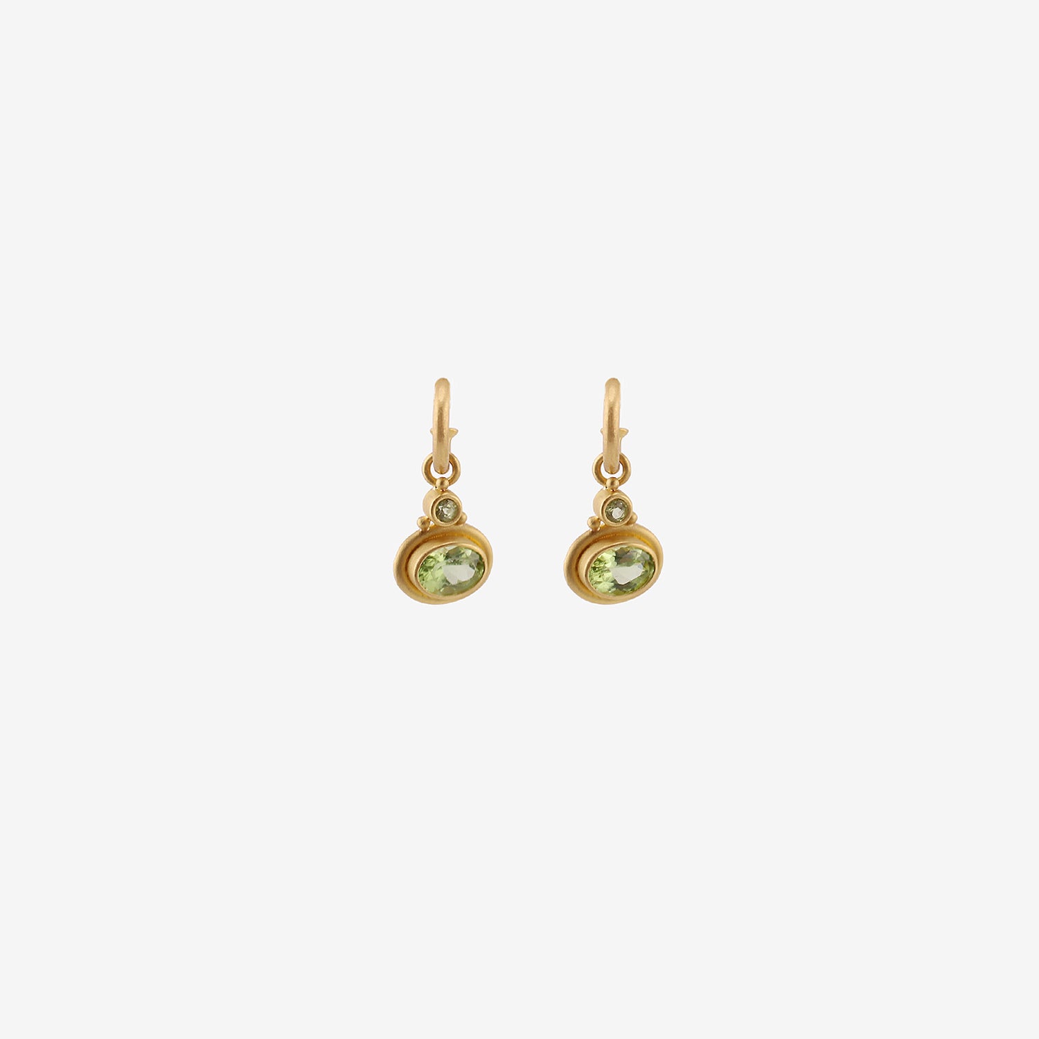 DENISE BETESH 22K & PERIDOT DOUBLE DROP EARRINGS ON POSTED HOOPS, 2.63CT