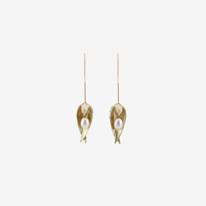 GABRIELLA KISS 14K GREEN GOLD SLEEPING BIRD EARRINGS WITH PEARLS