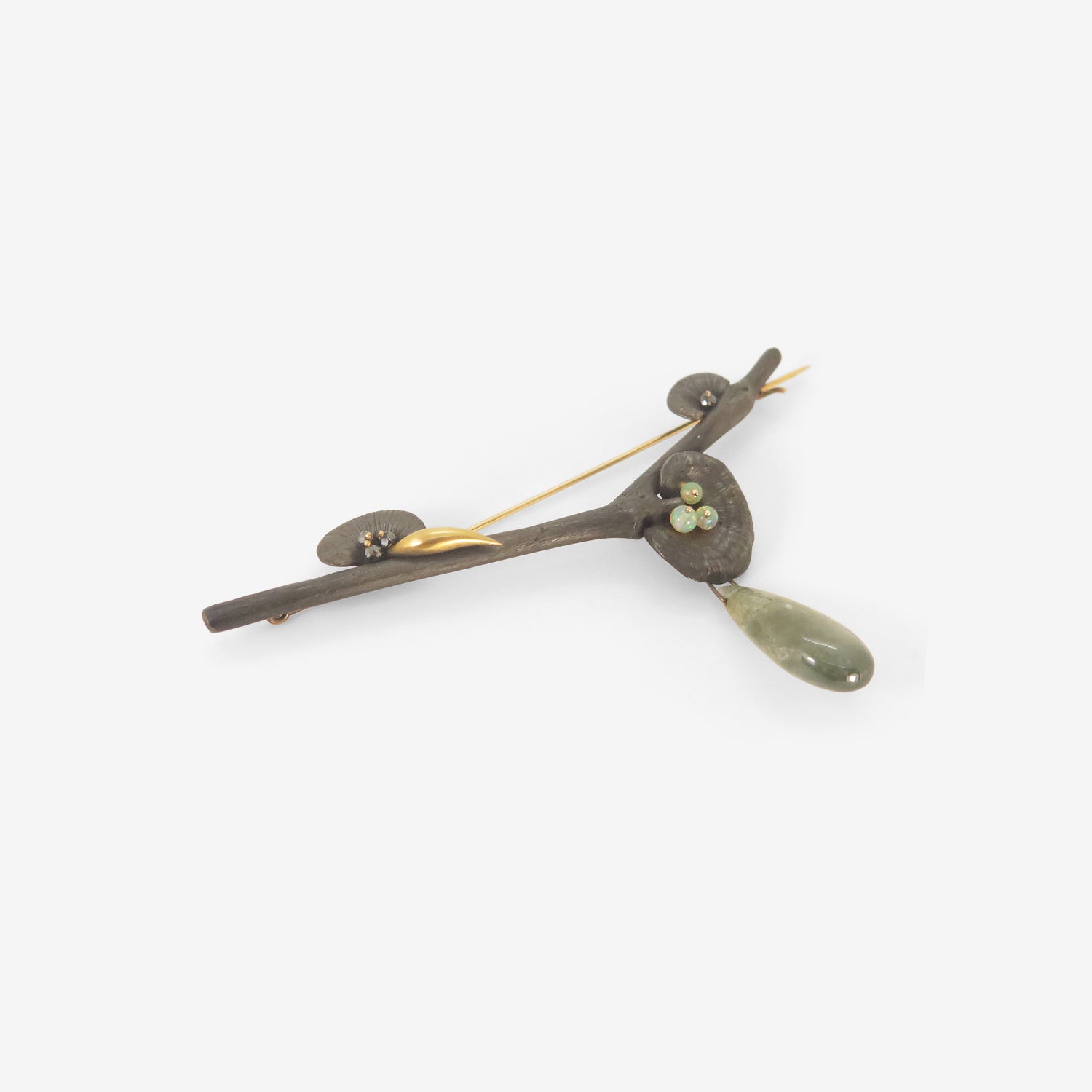 GABRIELLA KISS BRONZE & 18K MUSHROOM BRANCH PIN WITH OPAL, DIAMOND AND MOSS AGATE