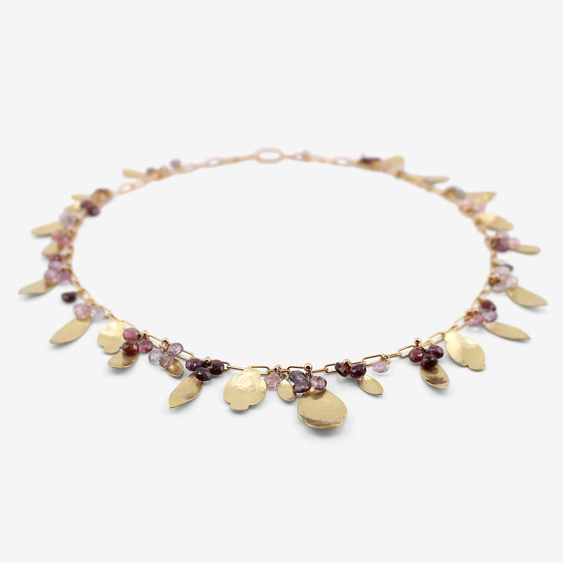 GABRIELLA KISS 18K LEAF SCALLOP NECKLACE WITH SPINEL BRIOLETTES