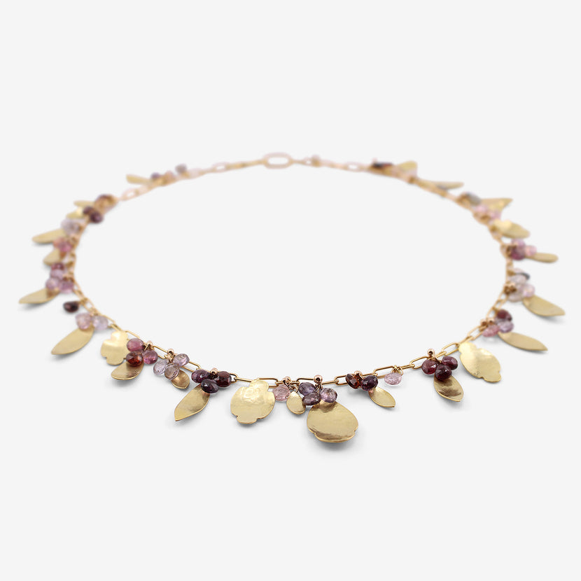 GABRIELLA KISS 18K LEAF SCALLOP NECKLACE WITH SPINEL BRIOLETTES