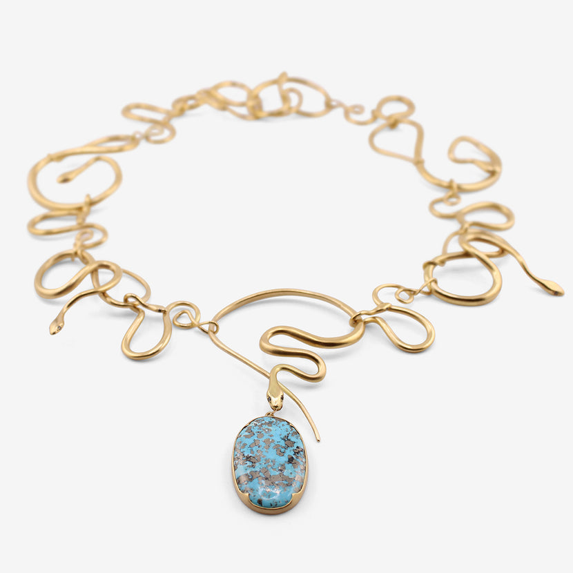 GABRIELLA KISS 18K YELLOW GOLD SNAKE NECKLACE WITH DETACHABLE TURQUOISE PENDANT