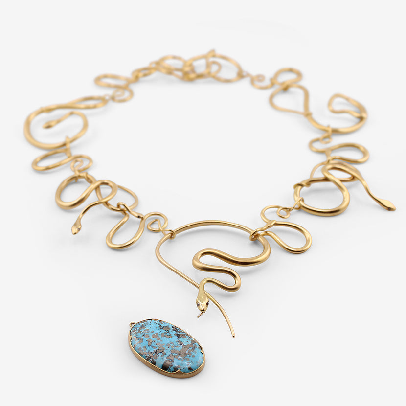 GABRIELLA KISS 18K YELLOW GOLD SNAKE NECKLACE WITH DETACHABLE TURQUOISE PENDANT