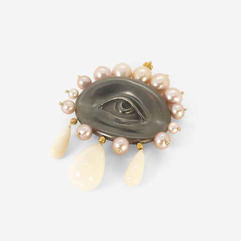 GABRIELLA KISS BRONZE & 22K LOVER'S EYE PIN WITH PEARLS AND WHITE OPAL