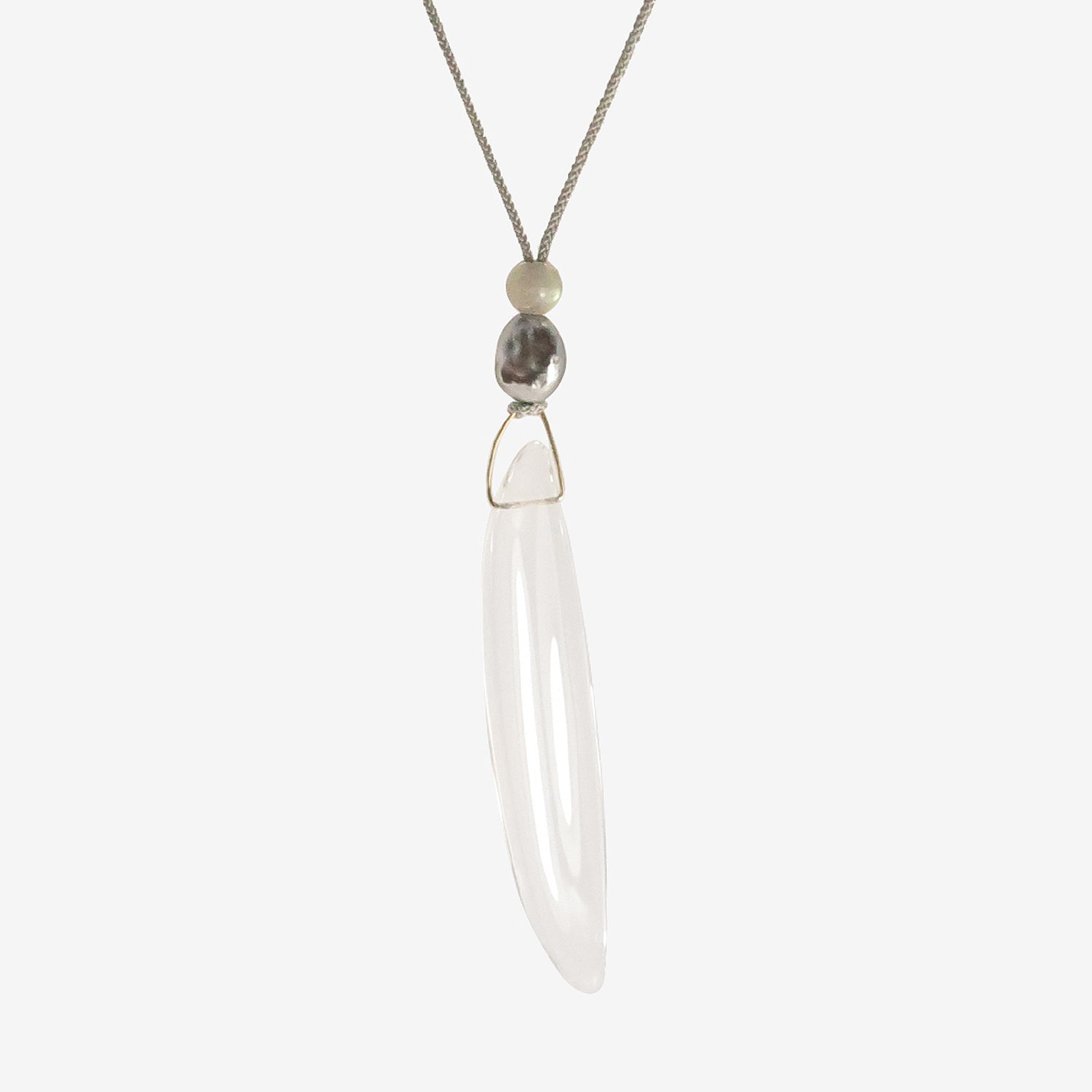 GABRIELLA KISS 14K & ROCK CRYSTAL BEAN PENDANT WITH KESHI PEARL & LABRADORITE ON SILK CORD