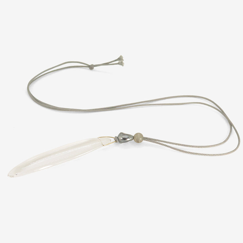 GABRIELLA KISS 14K & ROCK CRYSTAL BEAN PENDANT WITH KESHI PEARL & LABRADORITE ON SILK CORD