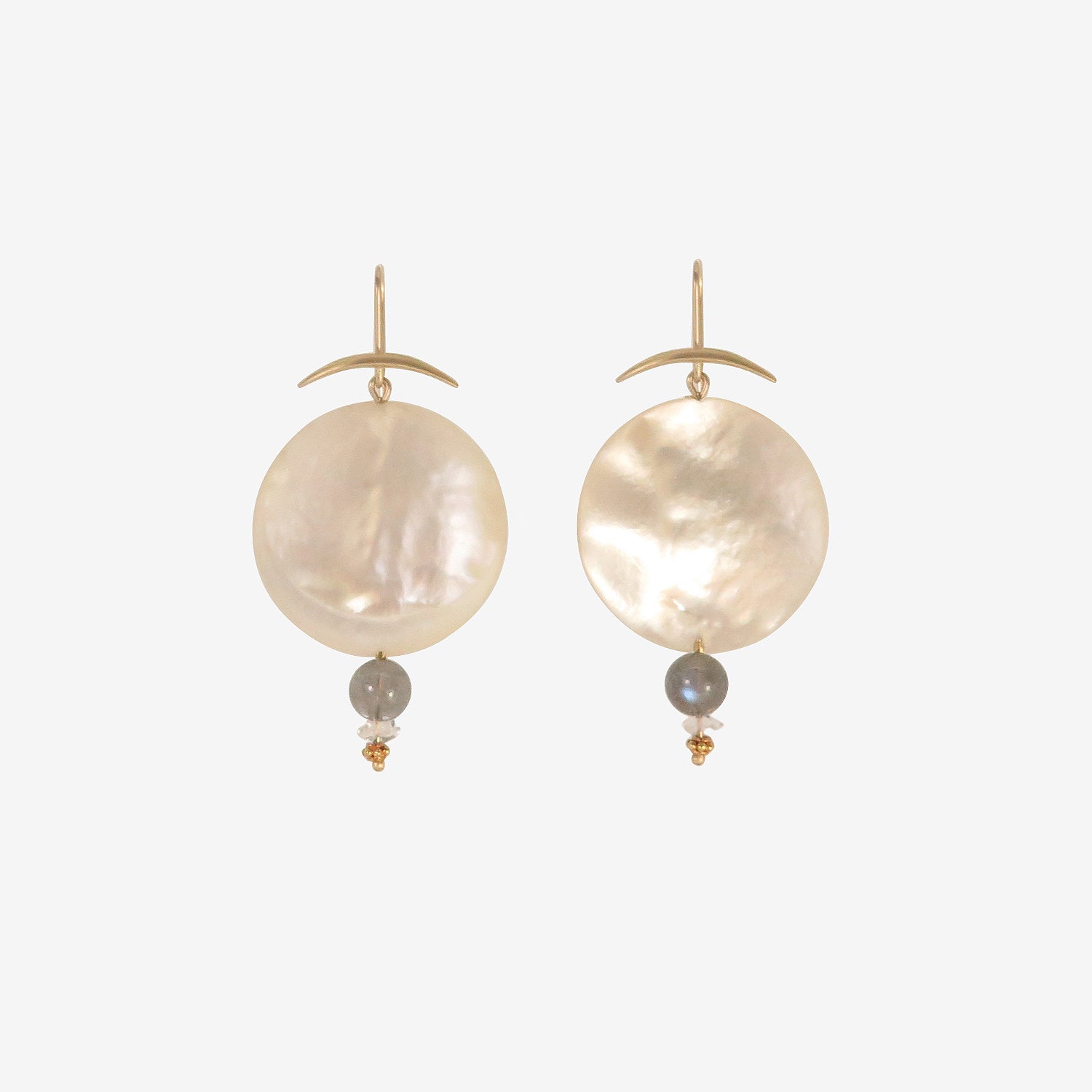 GABRIELLA KISS 18K & MOTHER-OF-PEARL FULL MOON EARRINGS WITH LABRADORITE & HERKIMER DIAMONDS