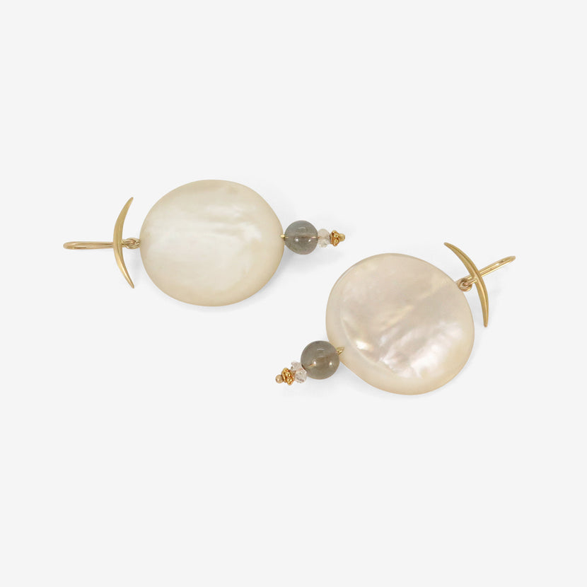 GABRIELLA KISS 18K & MOTHER-OF-PEARL FULL MOON EARRINGS WITH LABRADORITE & HERKIMER DIAMONDS