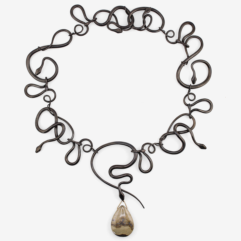 GABRIELLA KISS OXIDIZED BRONZE SNAKE NECKLACE WITH INTERCHANGEABLE GEMSTONE DROPS