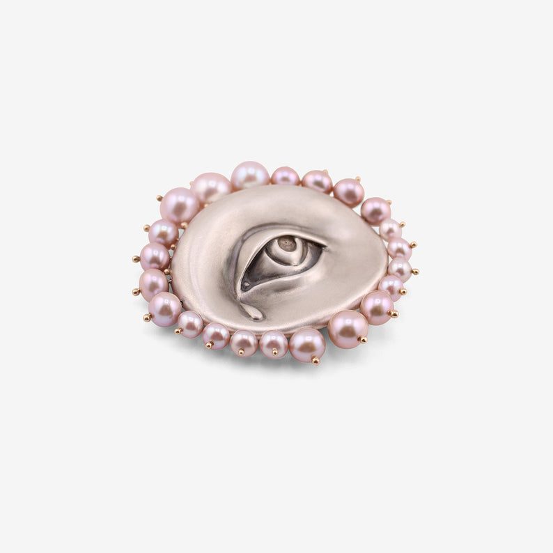 GABRIELLA KISS STERLING SILVER LOVER'S EYE WITH TEAR PIN WITH PINK PEARLS