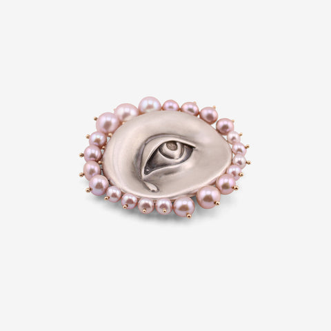 GABRIELLA KISS STERLING SILVER LOVER'S EYE WITH TEAR PIN WITH PINK PEARLS