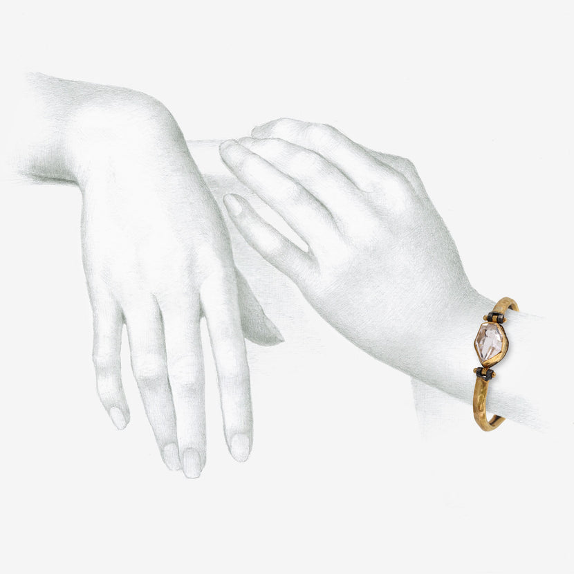 JUDY GEIB 24K OVER SILVER CUFF BRACELET WITH LARGE HERKIMER DIAMOND