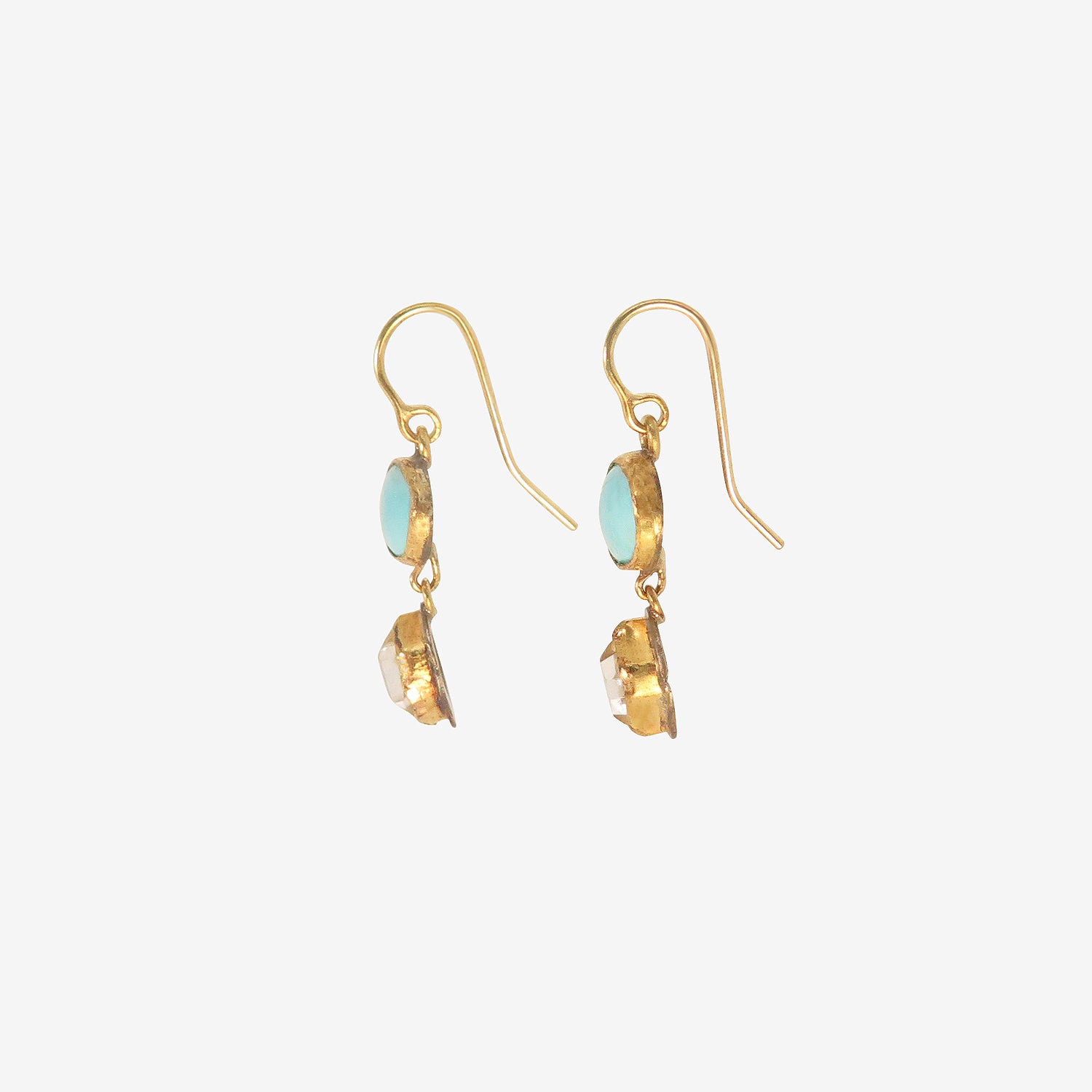 JUDY GEIB 18K & SILVER HERKIMER DIAMOND & PERSIAN TURQUOISE DOUBLE DROP EARRINGS