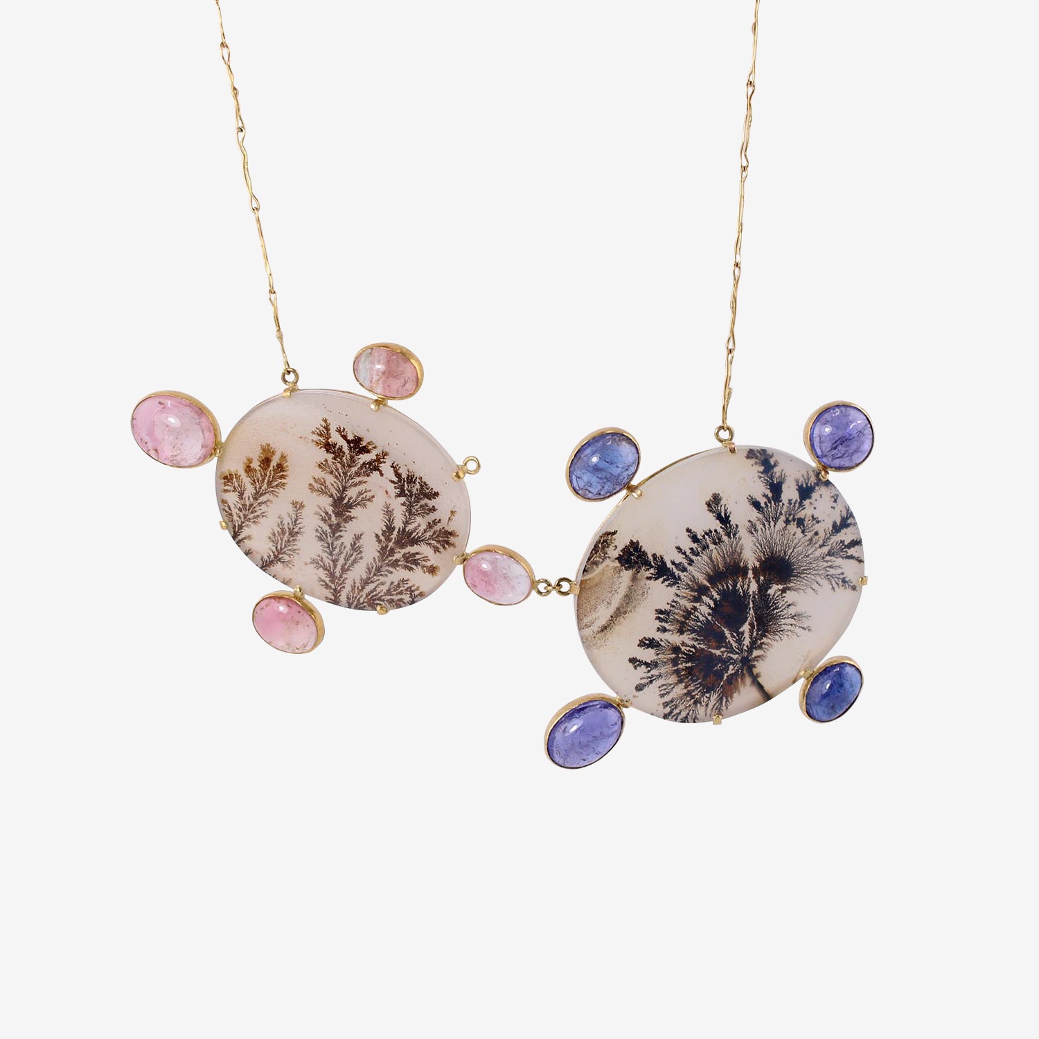 JUDY GEIB 18K & DOUBLE DENDRITIC AGATE NECKLACE WITH PINK TOURMALINE & TANZANITE