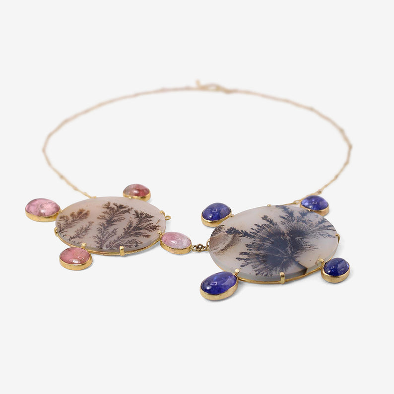 JUDY GEIB 18K & DOUBLE DENDRITIC AGATE NECKLACE WITH PINK TOURMALINE & TANZANITE