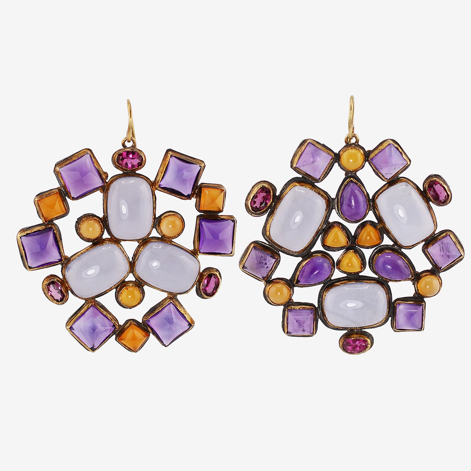 JUDY GEIB 18K & SILVER KALEIDOSCOPE EARRINGS WITH AMETHYST, CHALCEDONY, PINK TOURMALINE & CARNELIAN