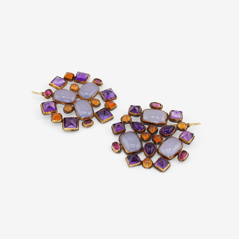 JUDY GEIB 18K & SILVER KALEIDOSCOPE EARRINGS WITH AMETHYST, CHALCEDONY, PINK TOURMALINE & CARNELIAN