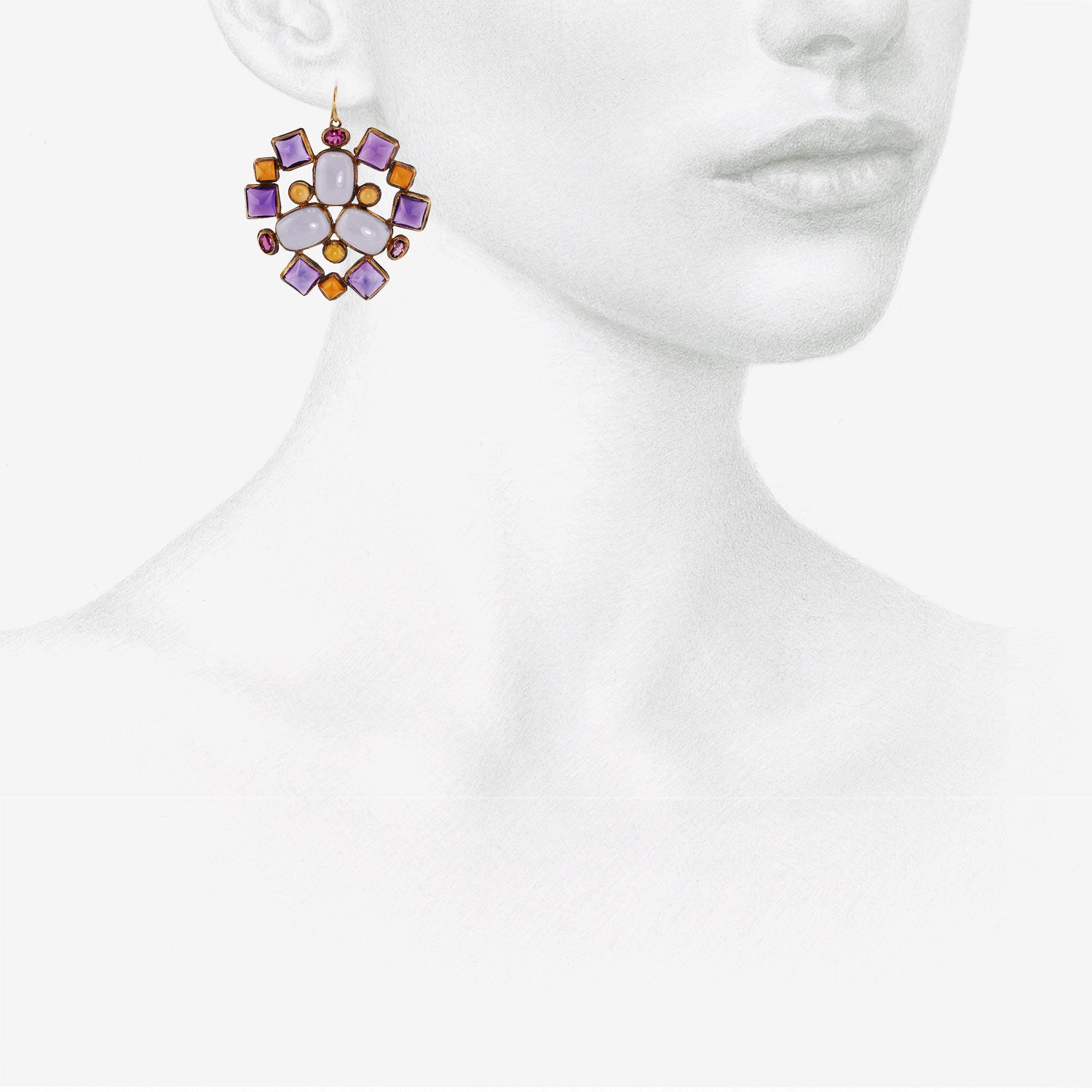 JUDY GEIB 18K & SILVER KALEIDOSCOPE EARRINGS WITH AMETHYST, CHALCEDONY, PINK TOURMALINE & CARNELIAN