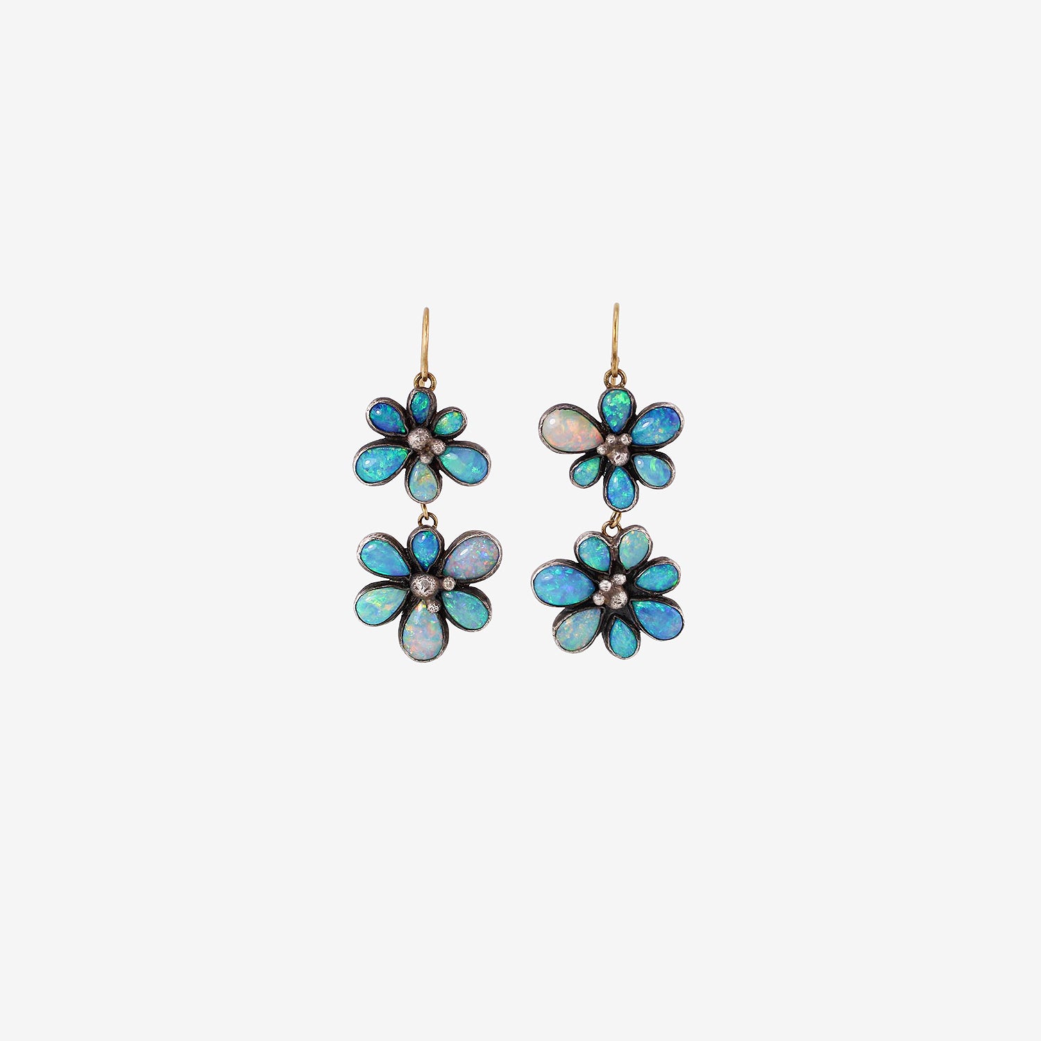 JUDY GEIB STERLING SILVER & OPAL WILDFLOWER DOUBLE DROP EARRINGS WITH 24K DETAILS