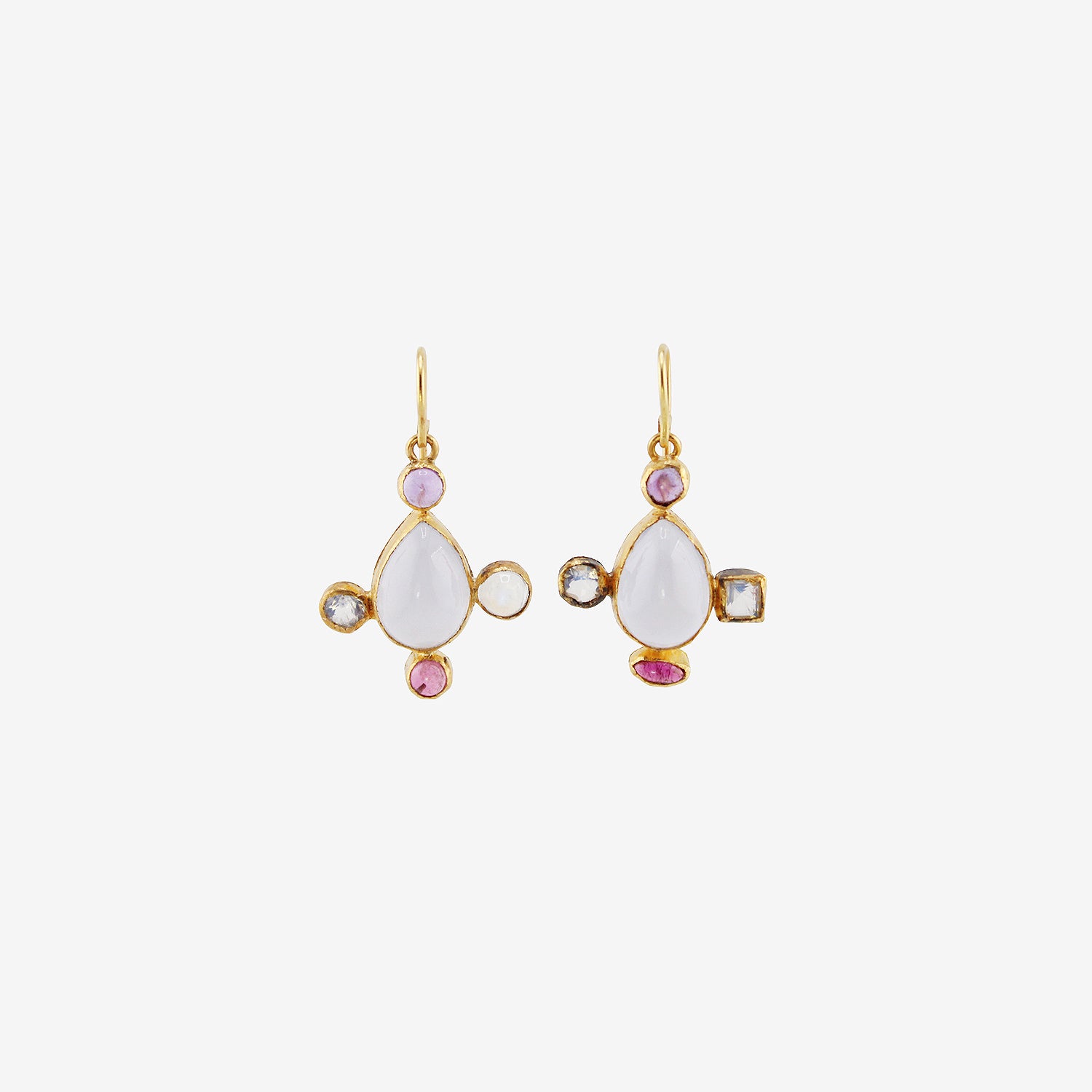 JUDY GEIB 18K & PEAR-SHAPED BLUE CHALCEDONY EARRINGS WITH MOONSTONE, PINK TOURMALINE & AMETHYST