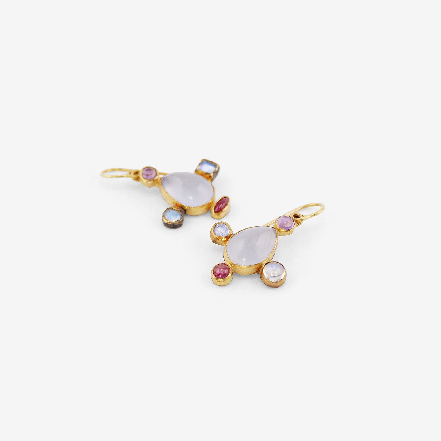 JUDY GEIB 18K & PEAR-SHAPED BLUE CHALCEDONY EARRINGS WITH MOONSTONE, PINK TOURMALINE & AMETHYST