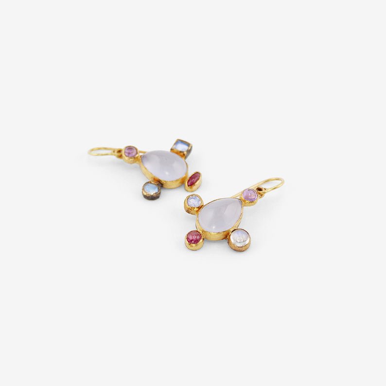 JUDY GEIB 18K & PEAR-SHAPED BLUE CHALCEDONY EARRINGS WITH MOONSTONE, PINK TOURMALINE & AMETHYST