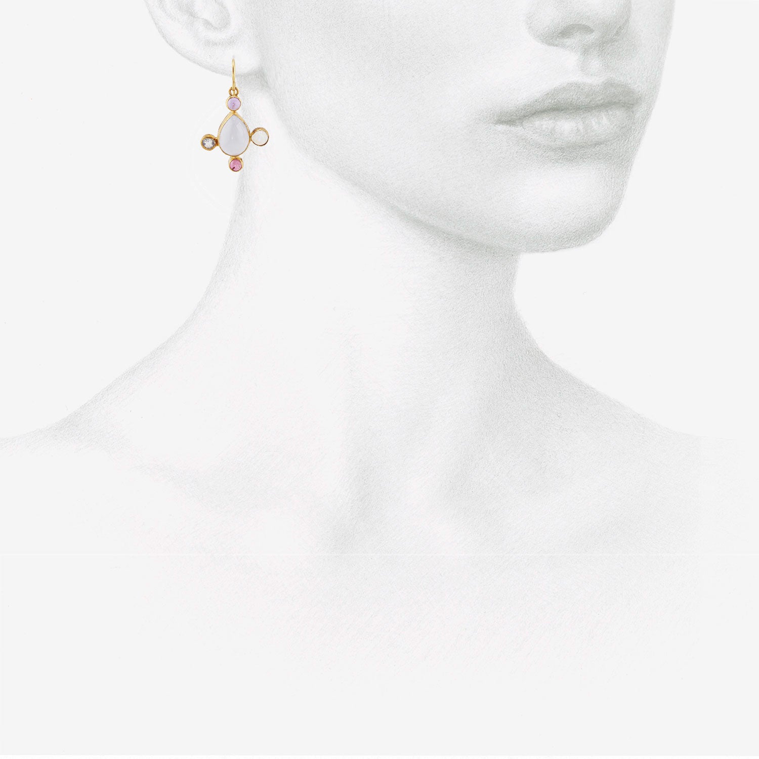 JUDY GEIB 18K & PEAR-SHAPED BLUE CHALCEDONY EARRINGS WITH MOONSTONE, PINK TOURMALINE & AMETHYST
