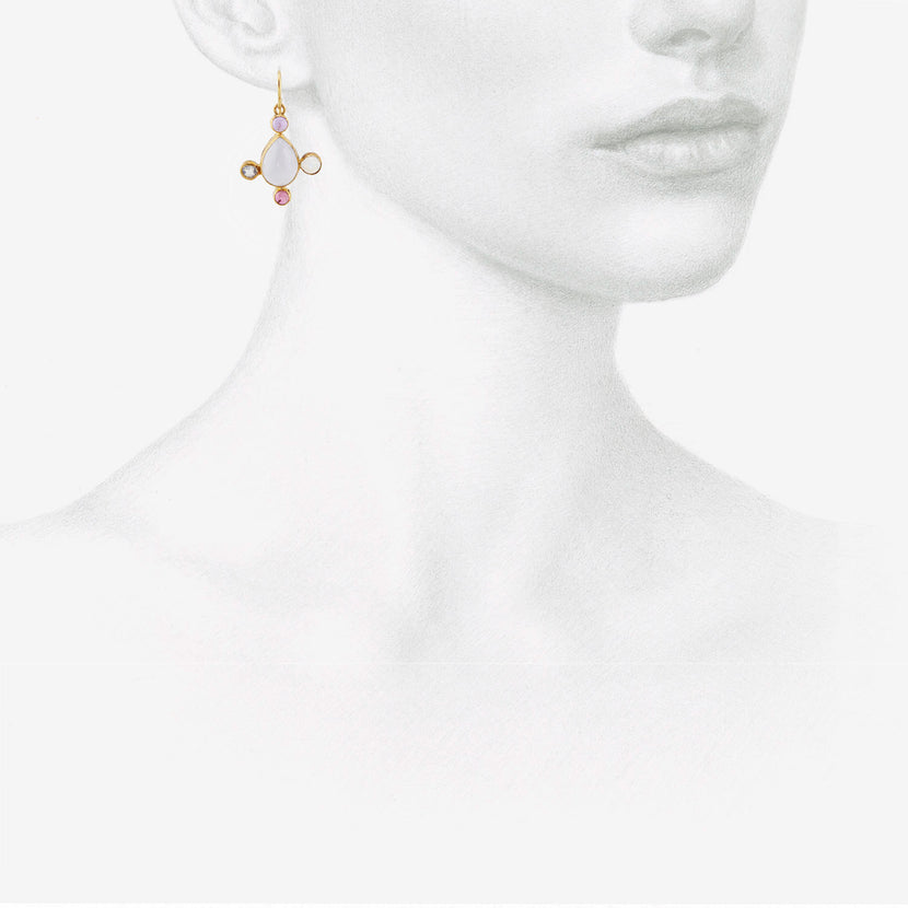 JUDY GEIB 18K & PEAR-SHAPED BLUE CHALCEDONY EARRINGS WITH MOONSTONE, PINK TOURMALINE & AMETHYST
