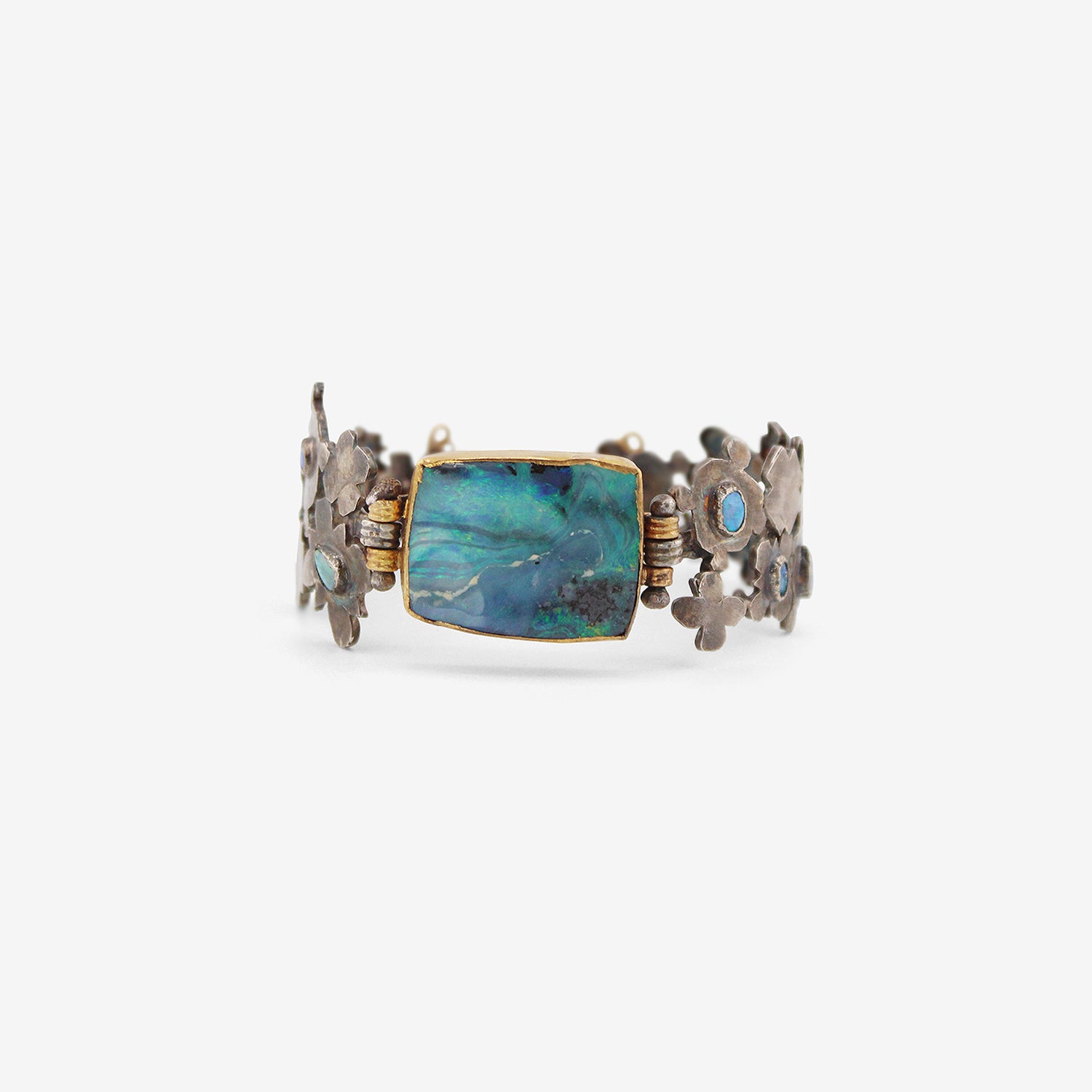 JUDY GEIB STERLING SILVER & 18K MEDIEVAL FOLKLORIC BRACELET WITH OPAL
