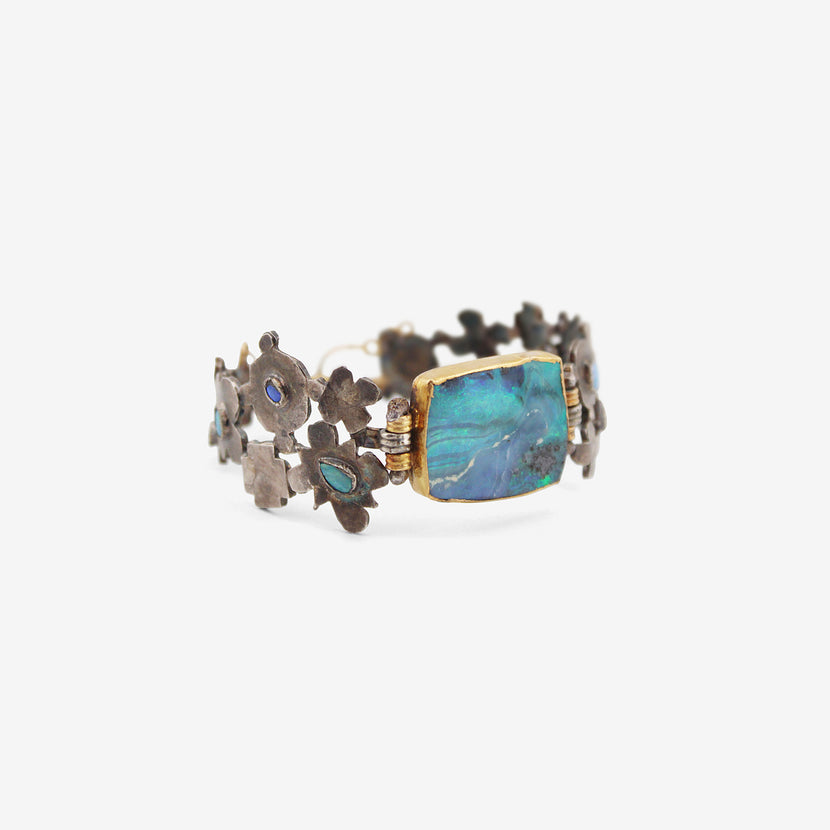 JUDY GEIB STERLING SILVER & 18K MEDIEVAL FOLKLORIC BRACELET WITH OPAL