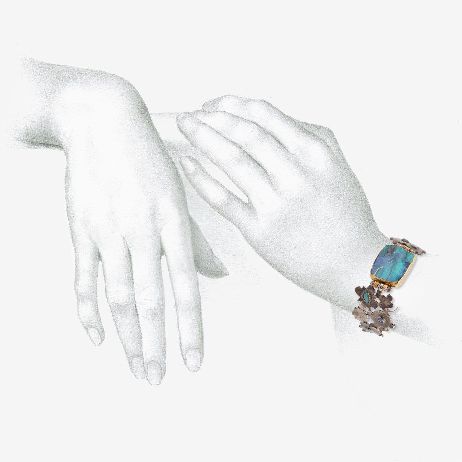 JUDY GEIB STERLING SILVER & 18K MEDIEVAL FOLKLORIC BRACELET WITH OPAL