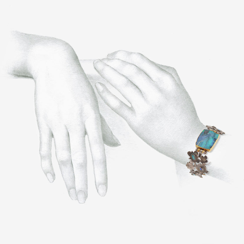 JUDY GEIB STERLING SILVER & 18K MEDIEVAL FOLKLORIC BRACELET WITH OPAL