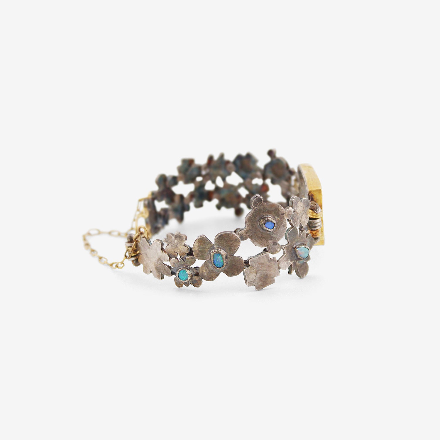 JUDY GEIB STERLING SILVER & 18K MEDIEVAL FOLKLORIC BRACELET WITH OPAL
