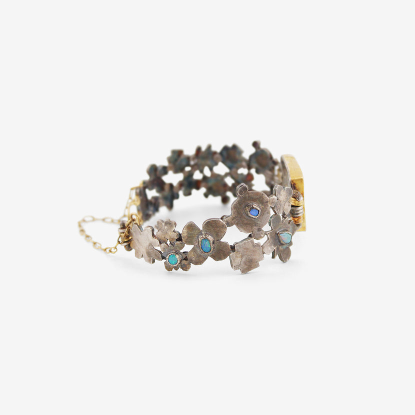 JUDY GEIB STERLING SILVER & 18K MEDIEVAL FOLKLORIC BRACELET WITH OPAL