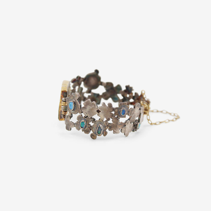 JUDY GEIB STERLING SILVER & 18K MEDIEVAL FOLKLORIC BRACELET WITH OPAL