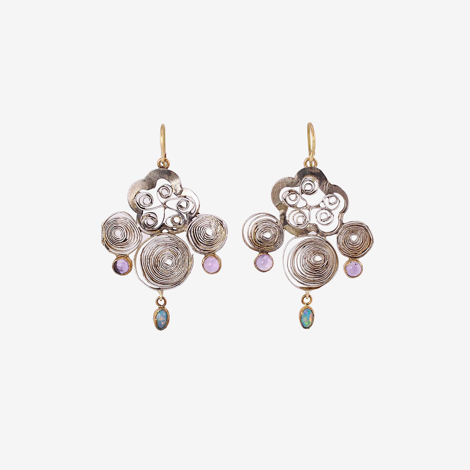 JUDY GEIB STERLING SILVER SPIRALLY FLOWER EARRINGS WITH AMETHYST & OPAL