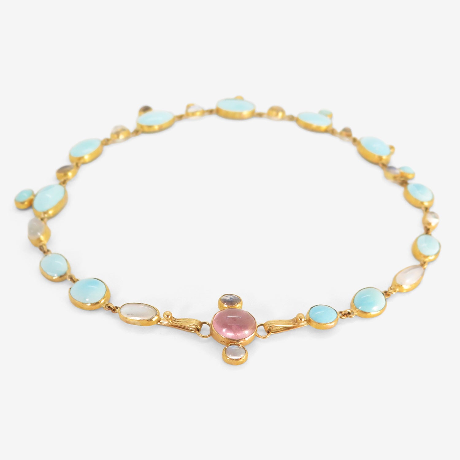 JUDY GEIB 22K & PERSIAN TURQUOISE NECKLACE WITH MOONSTONES AND PINK TOURMALINE CLASP