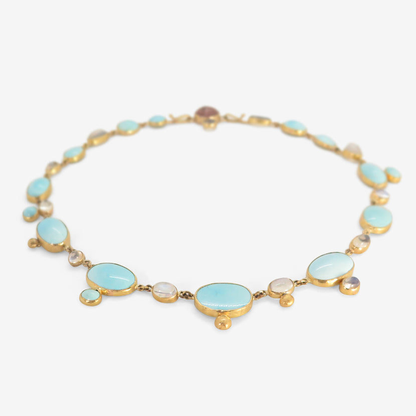JUDY GEIB 22K & PERSIAN TURQUOISE NECKLACE WITH MOONSTONES AND PINK TOURMALINE CLASP