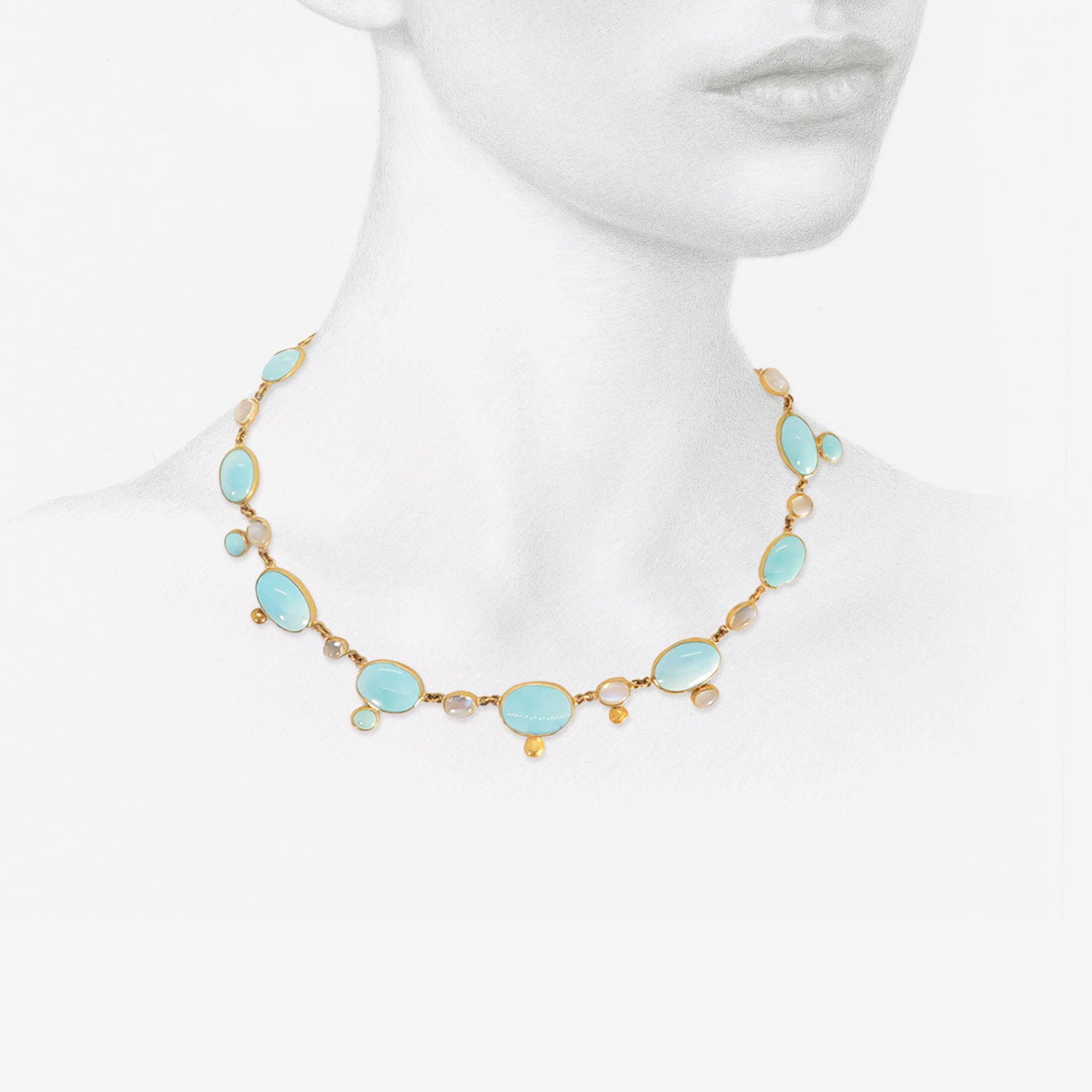 JUDY GEIB 22K & PERSIAN TURQUOISE NECKLACE WITH MOONSTONES AND PINK TOURMALINE CLASP