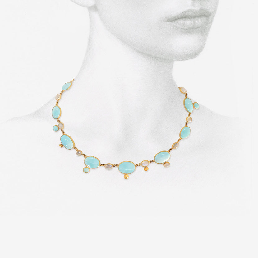 JUDY GEIB 22K & PERSIAN TURQUOISE NECKLACE WITH MOONSTONES AND PINK TOURMALINE CLASP