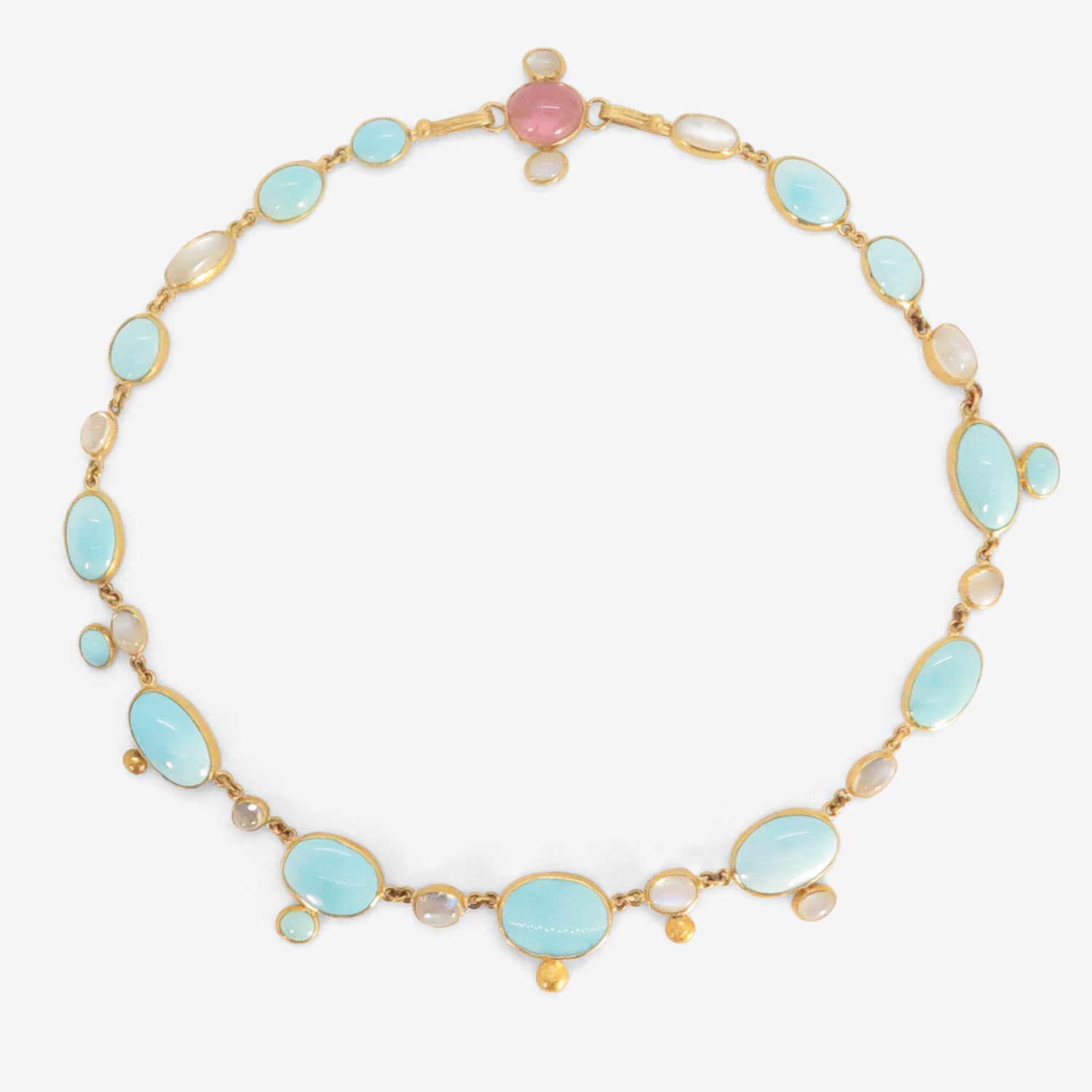 JUDY GEIB 22K & PERSIAN TURQUOISE NECKLACE WITH MOONSTONES AND PINK TOURMALINE CLASP