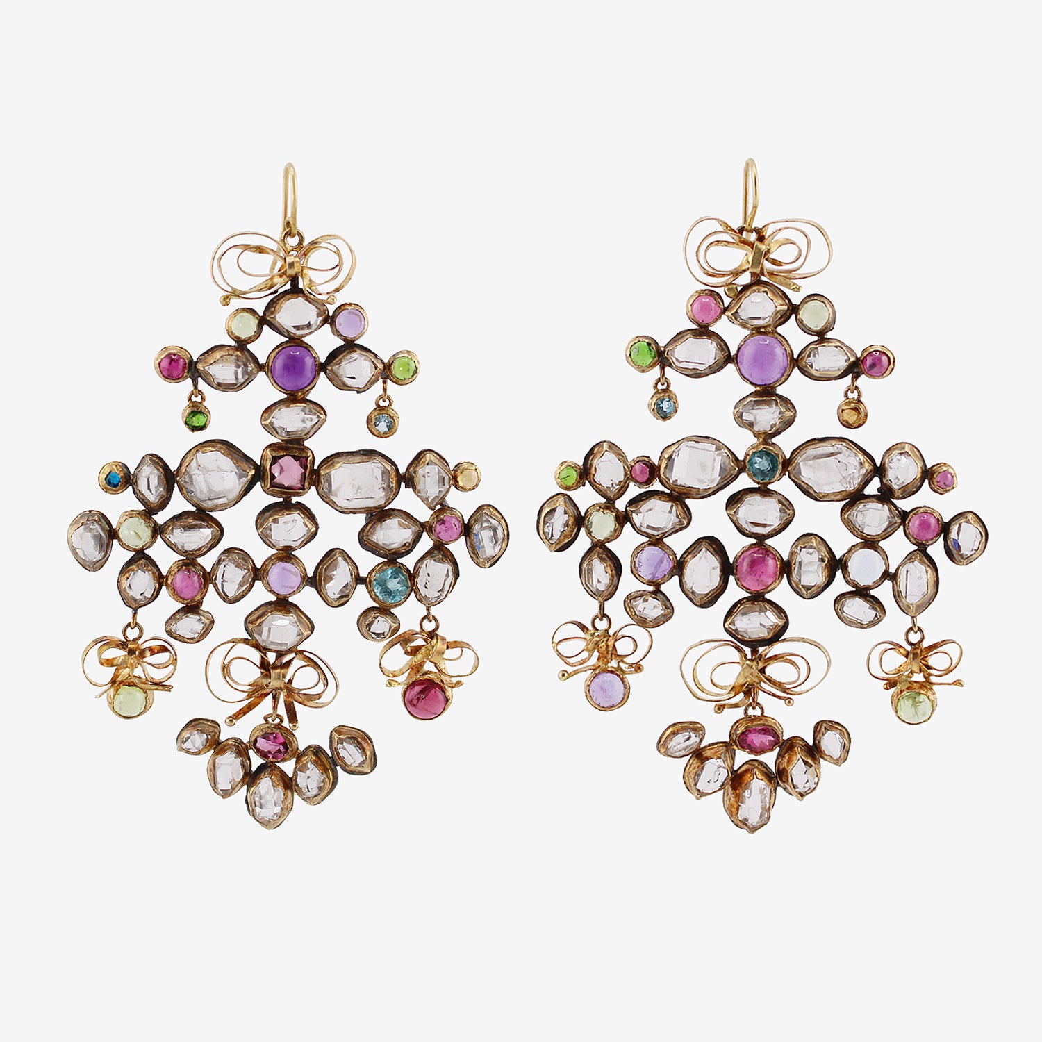 JUDY GEIB 18K WONDERFUL HERKIMER DIAMOND BOW-STYLE CHANDELIER EARRINGS WITH GEMSTONES